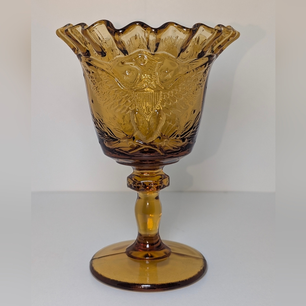 L.E. Smith Amber Federal Heritage Glass Goblet American Eagle MCM Crimped